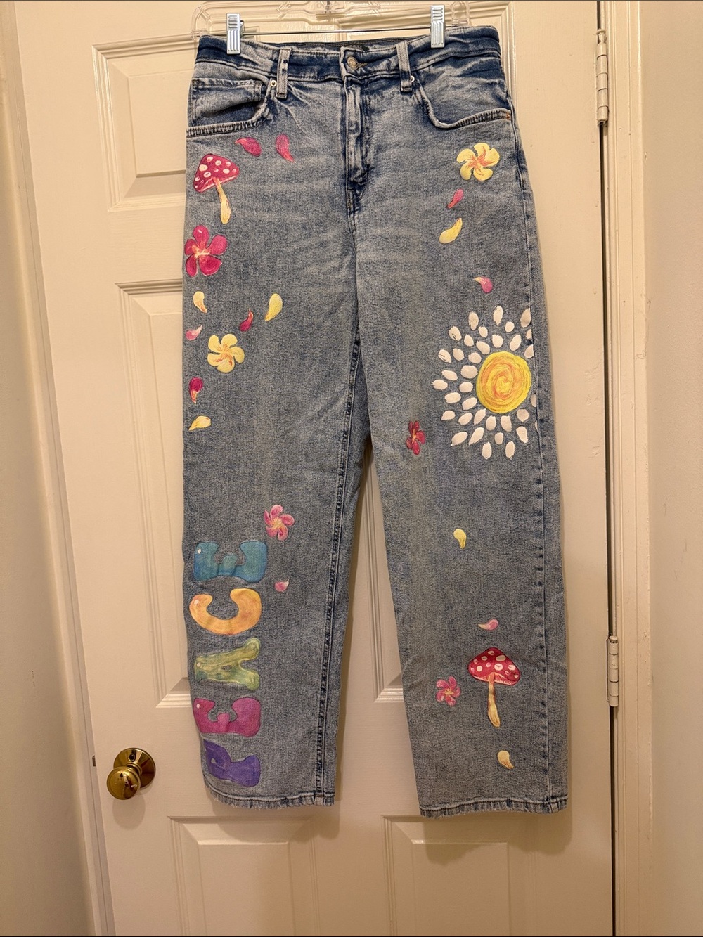 wild fable Blue Straight Leg Jeans with Hand-Painted Floral & Mushroom Art